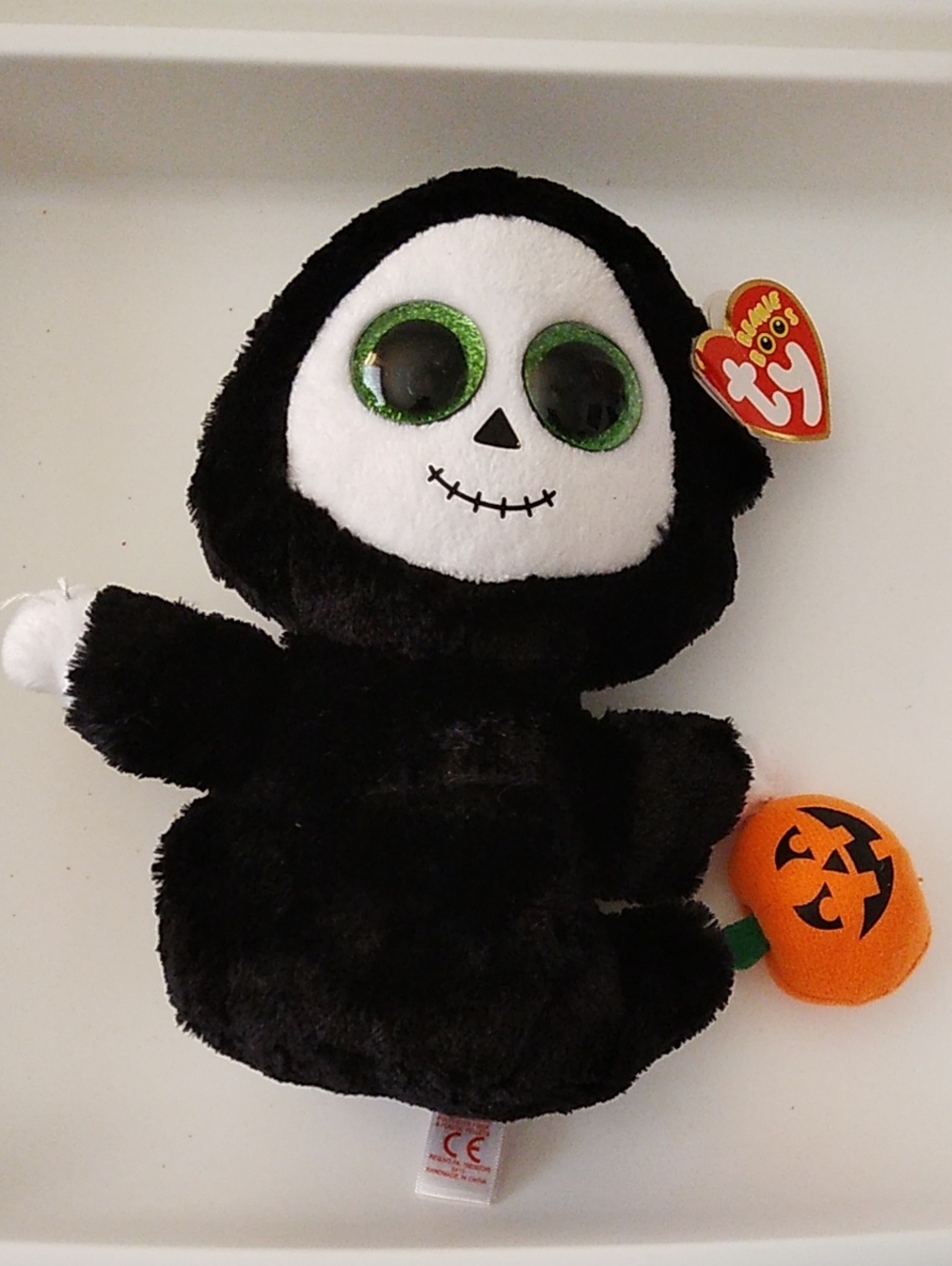 TY Halloween Grim Reaper Beanie Boo Plush - Black & White with Green Eyes